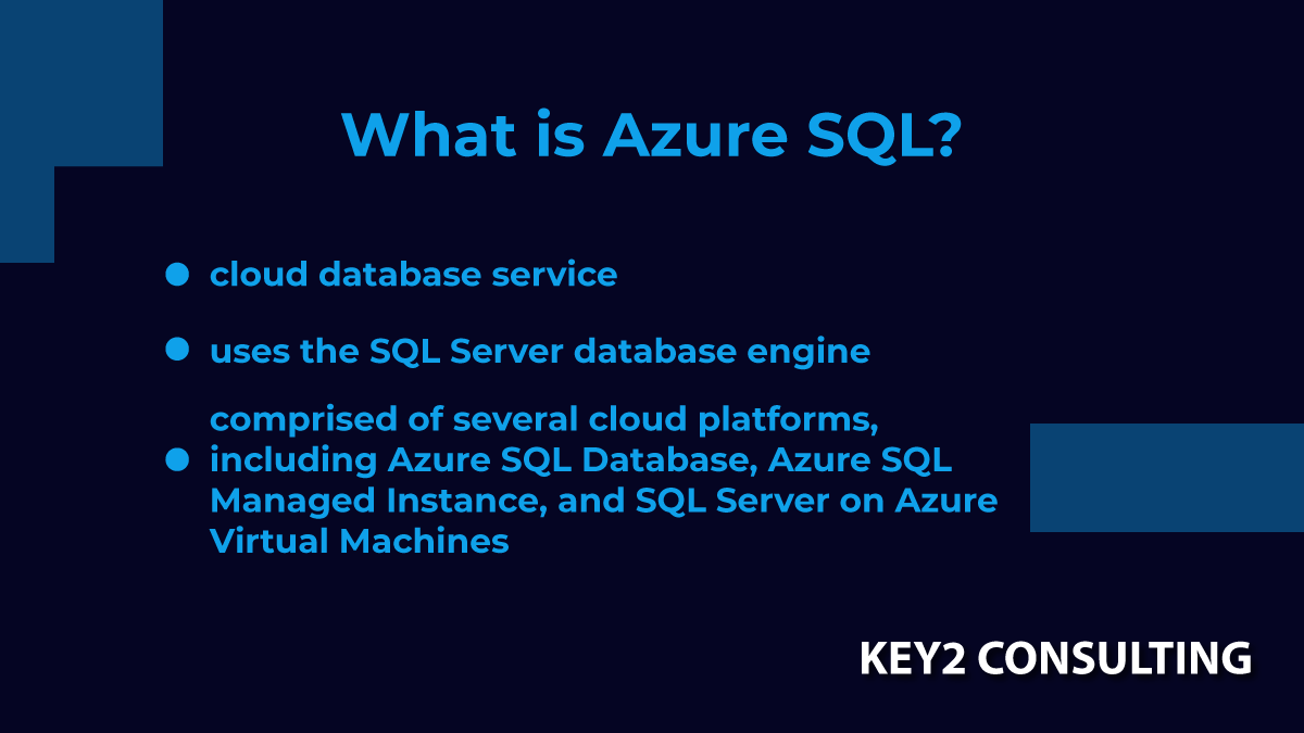 What is Azure SQL? Azure SQL is a cloud database service that uses the familiar SQL Server database engine.