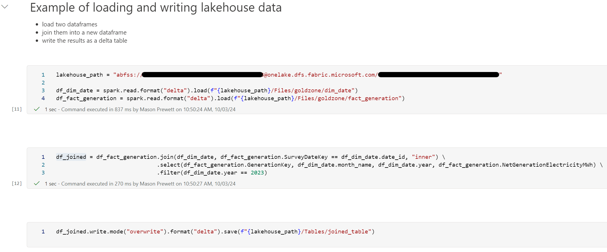 A Microsoft Fabric Notebook loading and writing lakehouse data